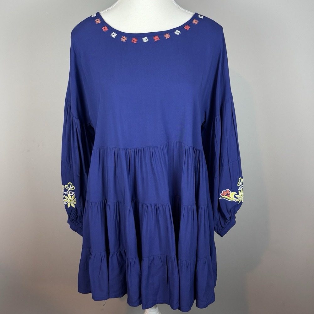 Laffaire Women's Blue Embroidered Tiered Bubble Sleeve Mini‎ dress SM coquette